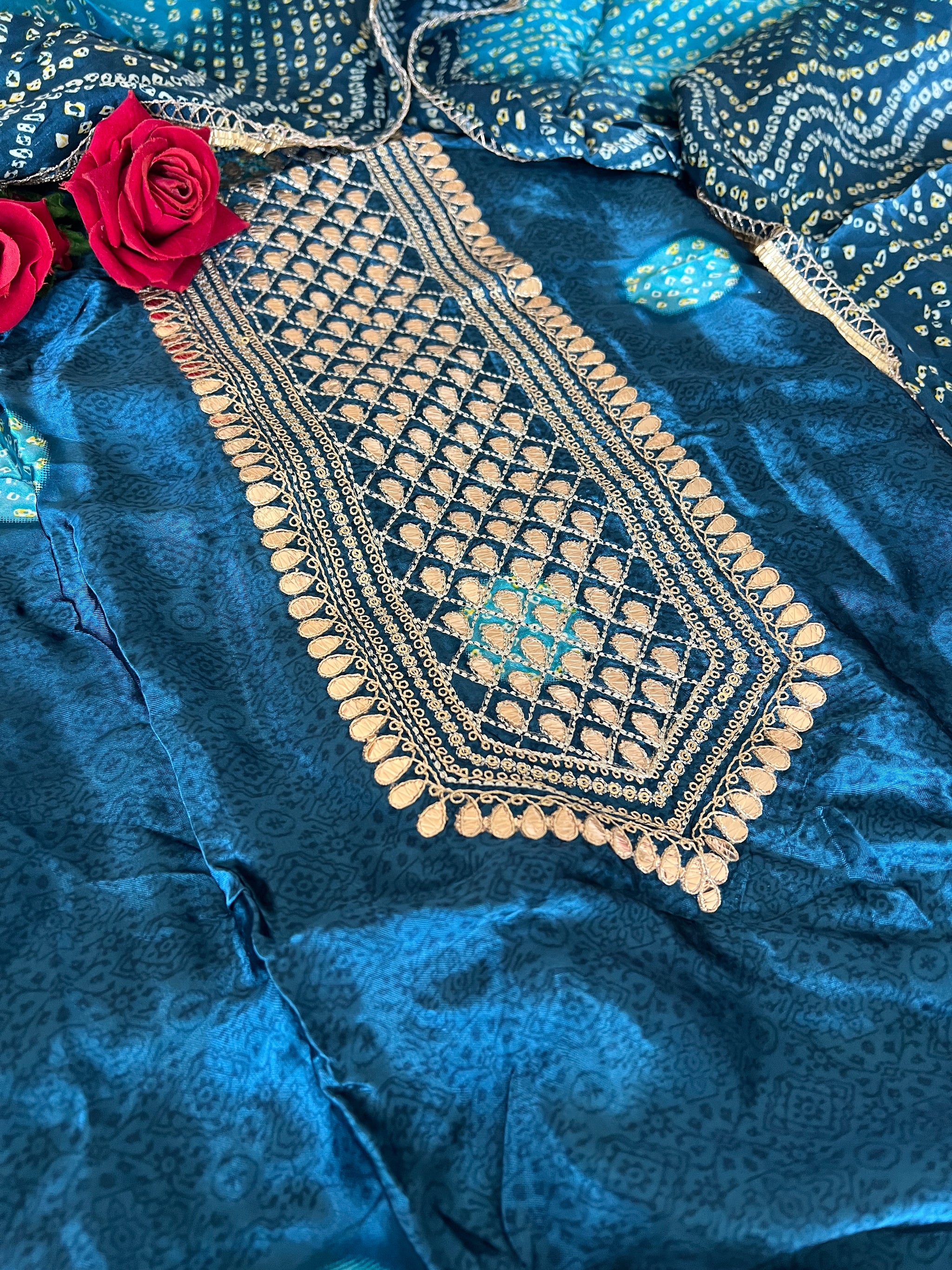 Blue Gajji Silk With gotta work neck Unstitched suit