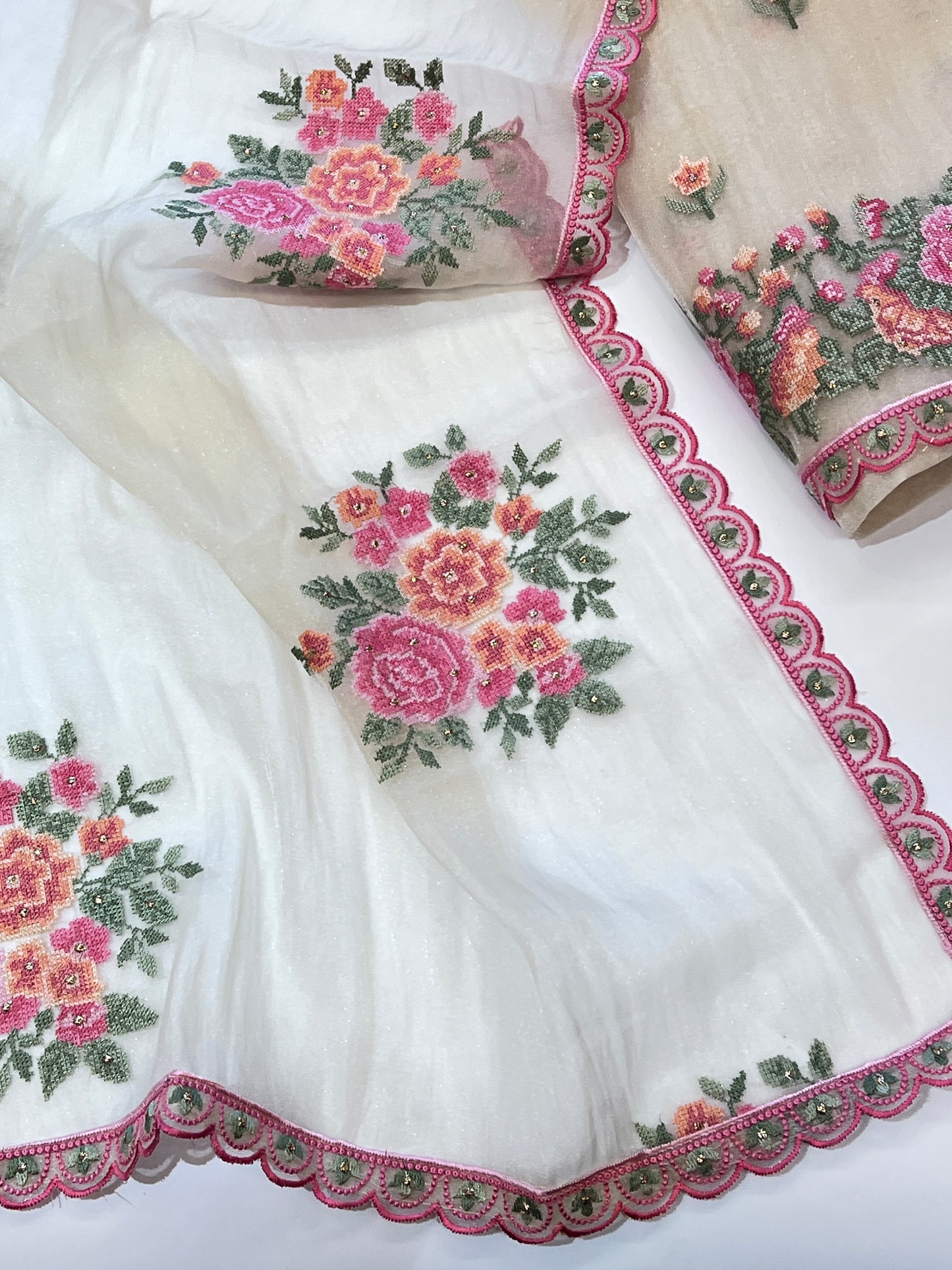 Light Gold Glass tissue with floral cross stitch embroidery dress material