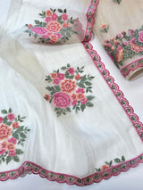 Light Gold Glass tissue with floral cross stitch embroidery dress material