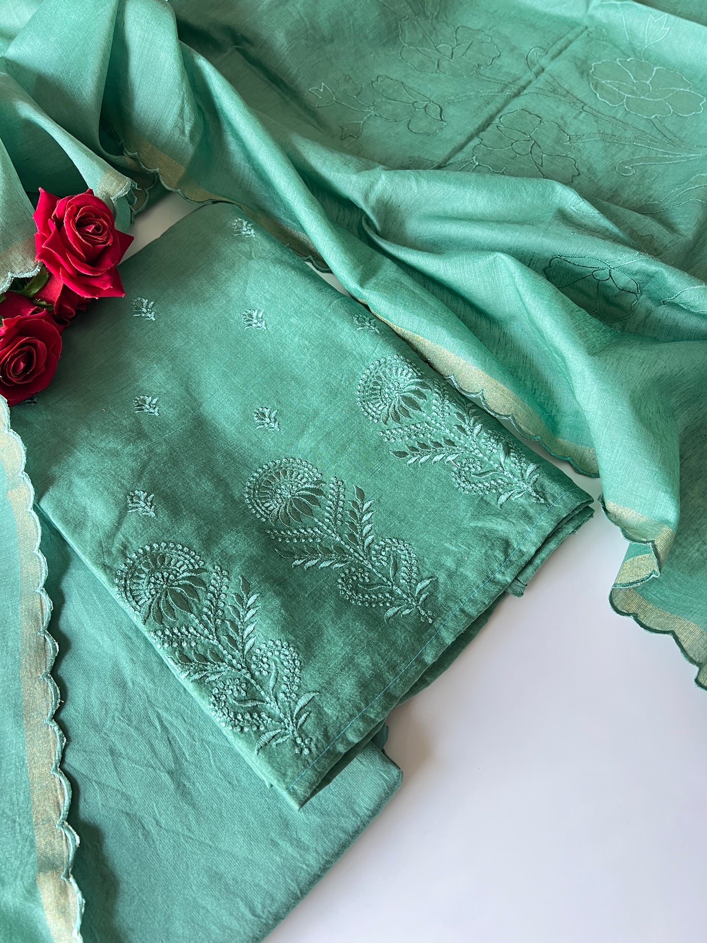 Green Pure Chanderi patchwork Embroidery scallop unstitched suit