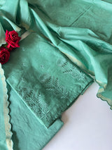 Green Pure Chanderi patchwork Embroidery scallop unstitched suit