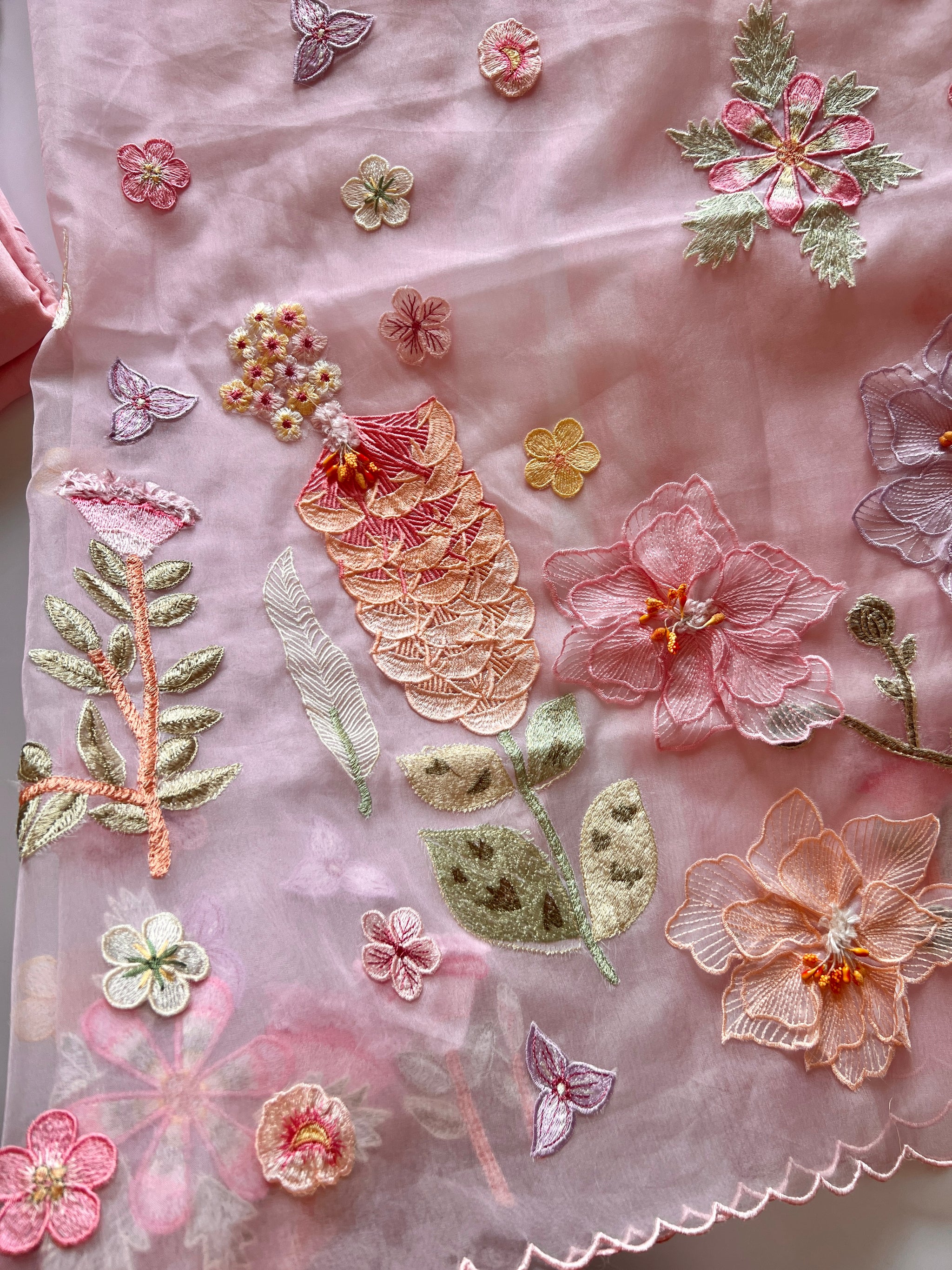 Pink 3D Embroidery on semi Organza premium unstitched dress material with floral work