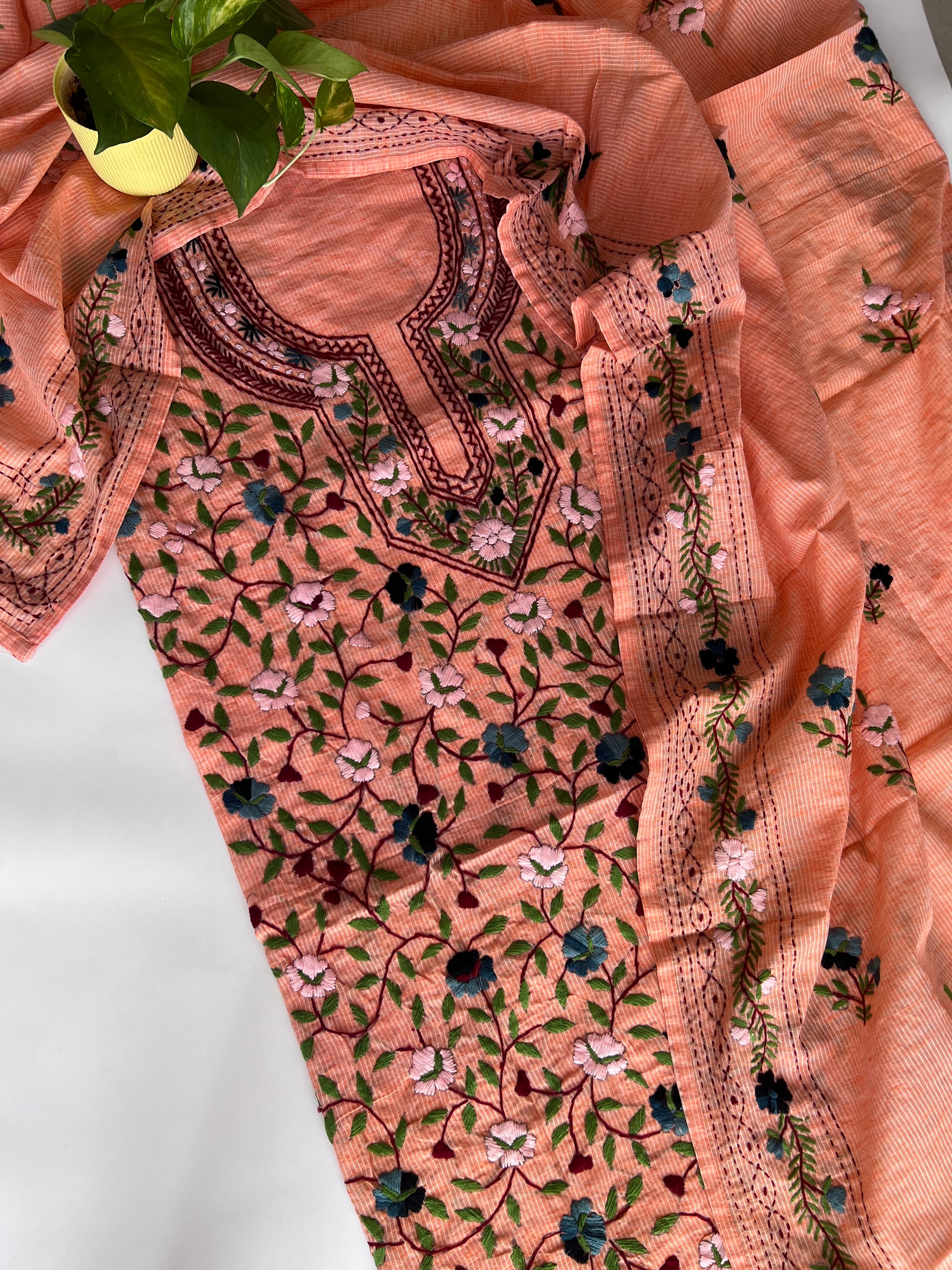 Peach Chanderi knot embroidery Unstitched suit material