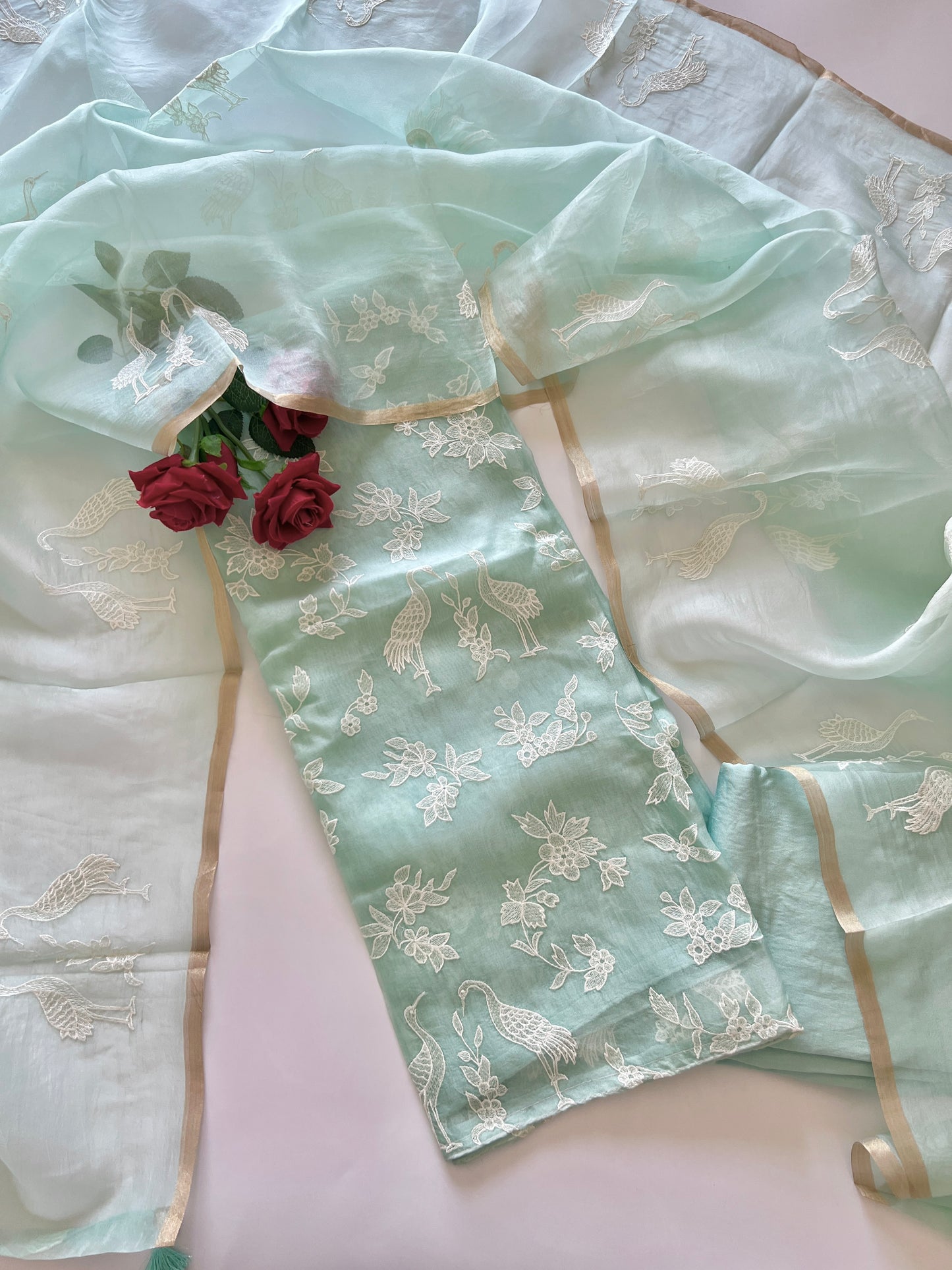 Pure Organza with Swan embroidery Un-stitched Suit set