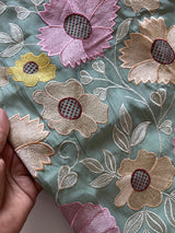 Green Sunflower Embroidery Mul Masleen Dress material