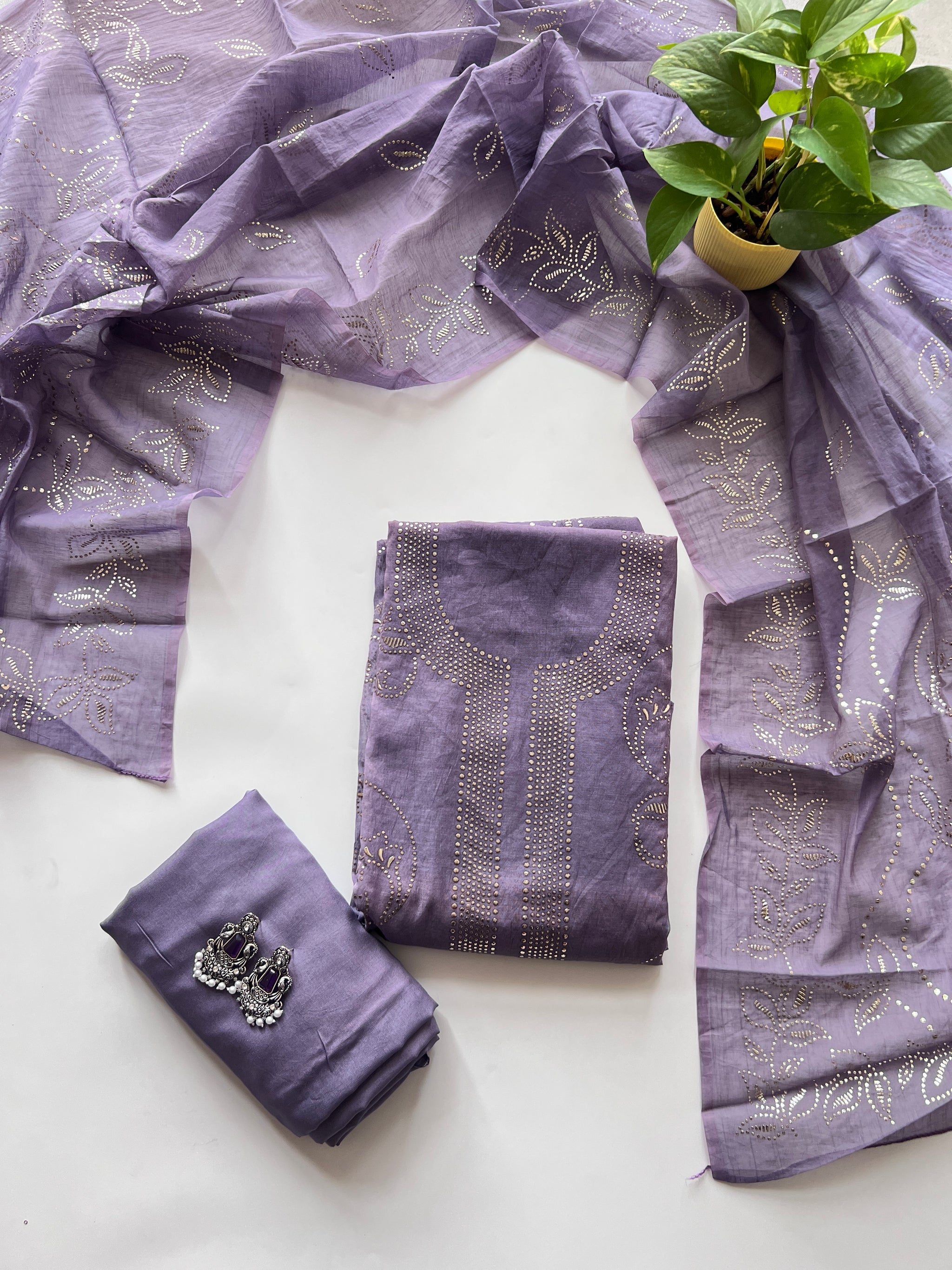 Purple Mul Chanderi dress material with mukaish