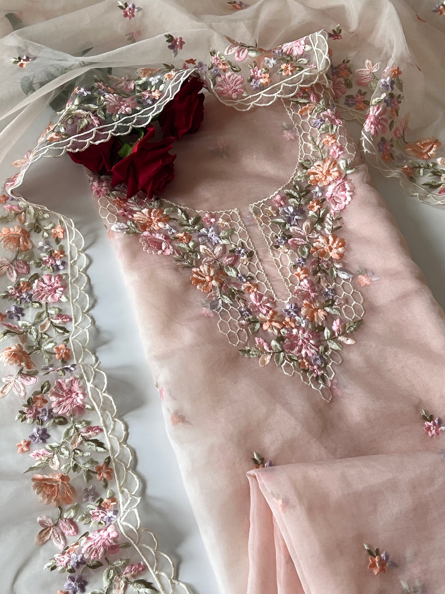 Peach thread Embroidery unstitched suit