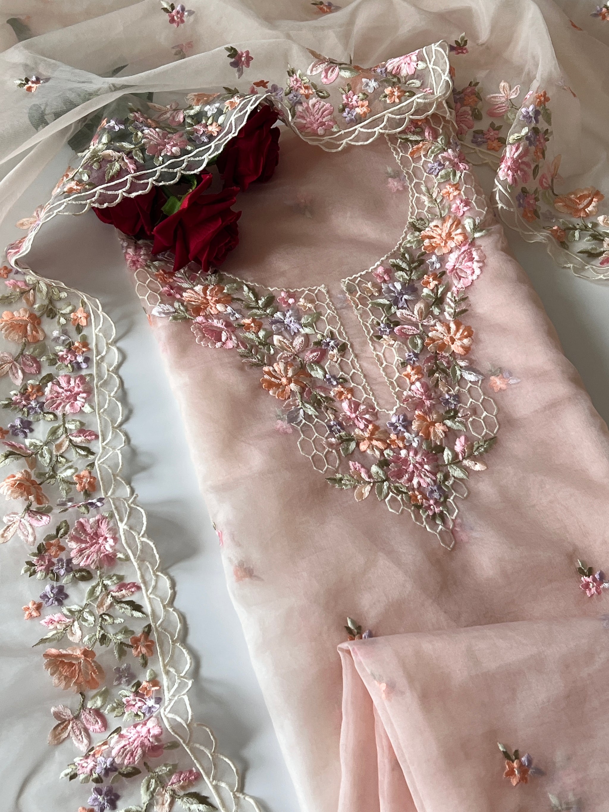 Peach thread Embroidery unstitched suit