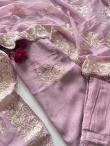 Lilac Mul Chanderi Handwork with Parsi dupatta Unstitched Suit set