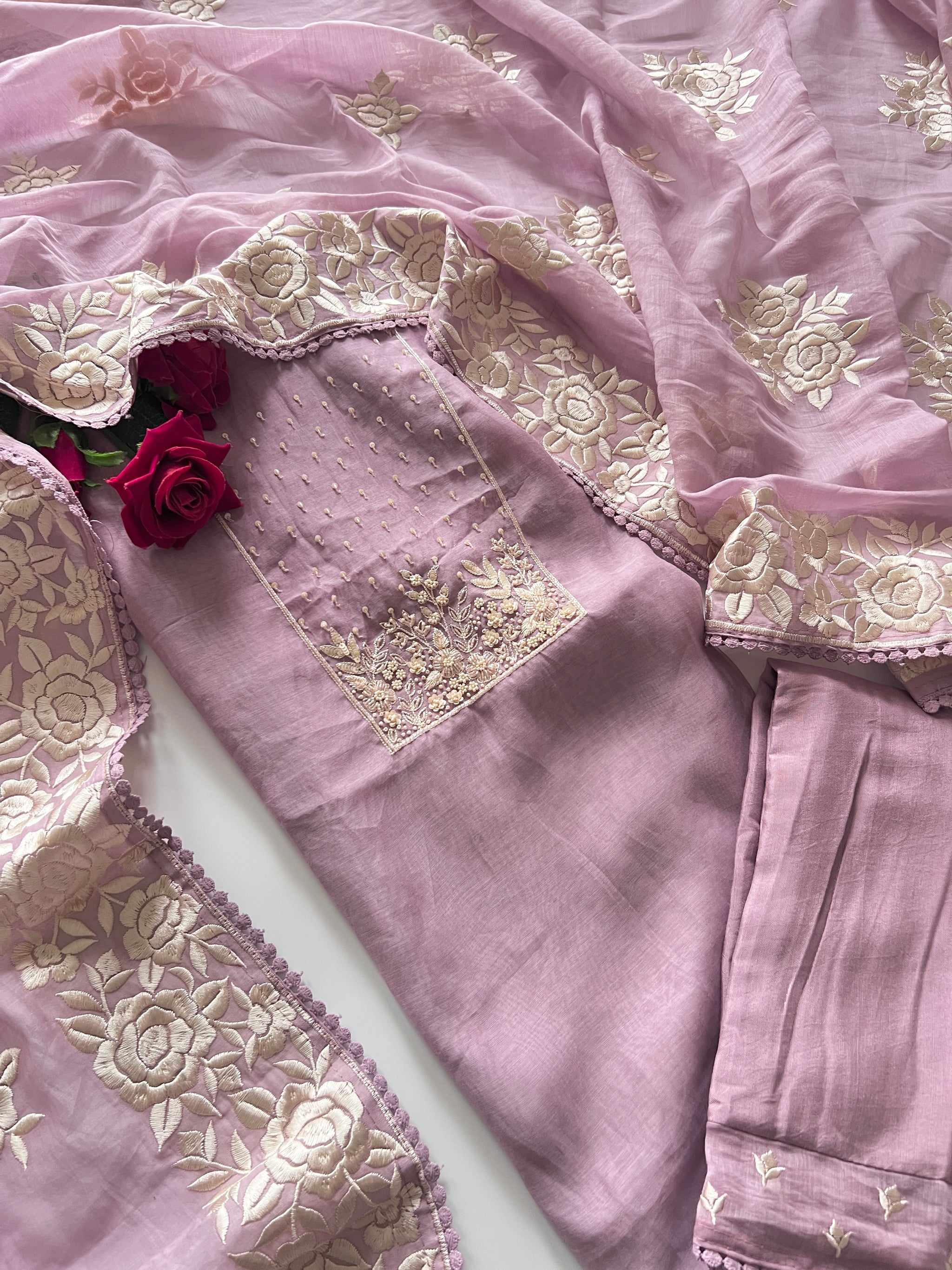 Lilac Mul Chanderi Handwork with Parsi dupatta Unstitched Suit set