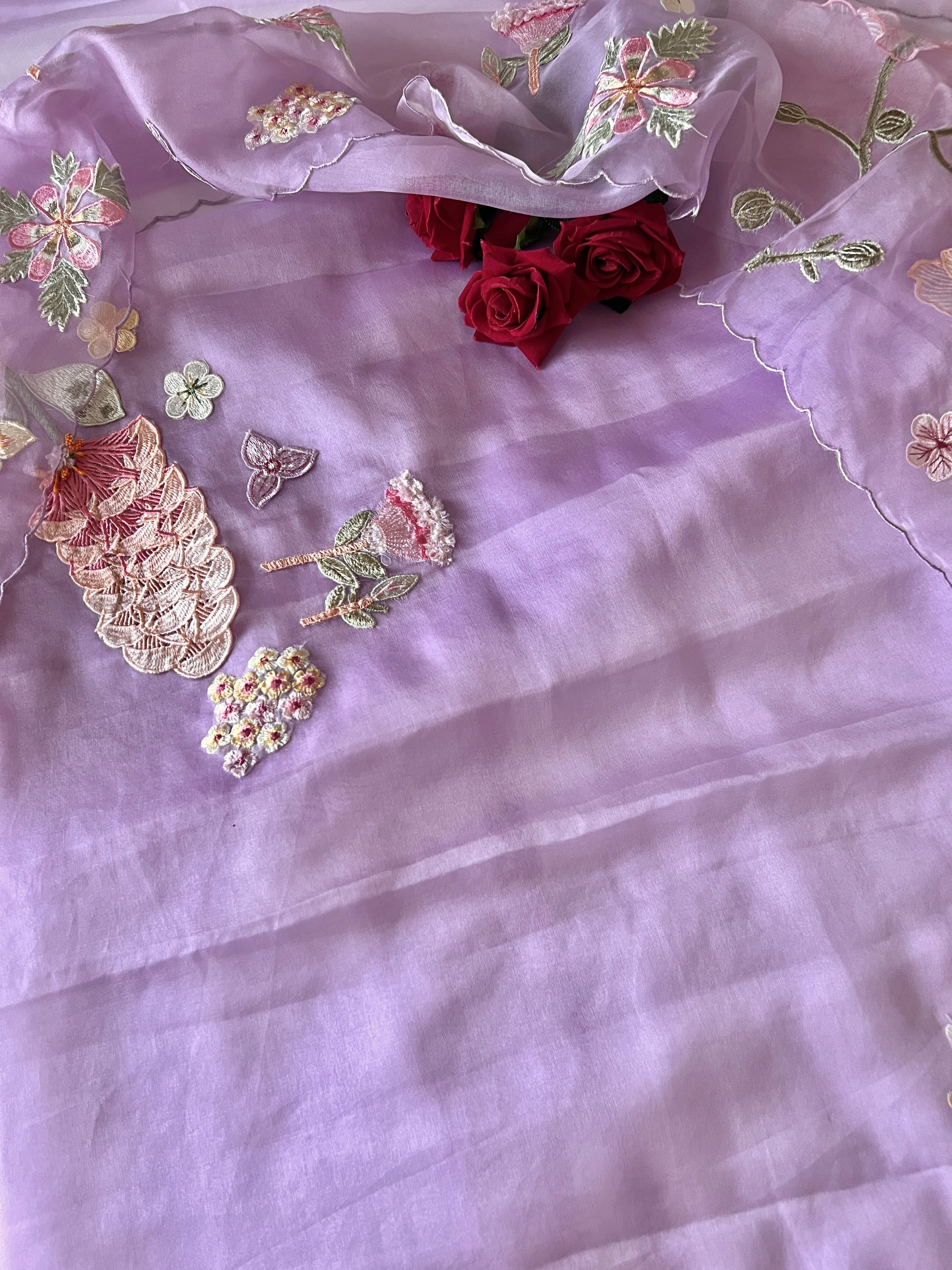 Purple 3D Embroidery on semi Organza premium unstitched dress material with floral work