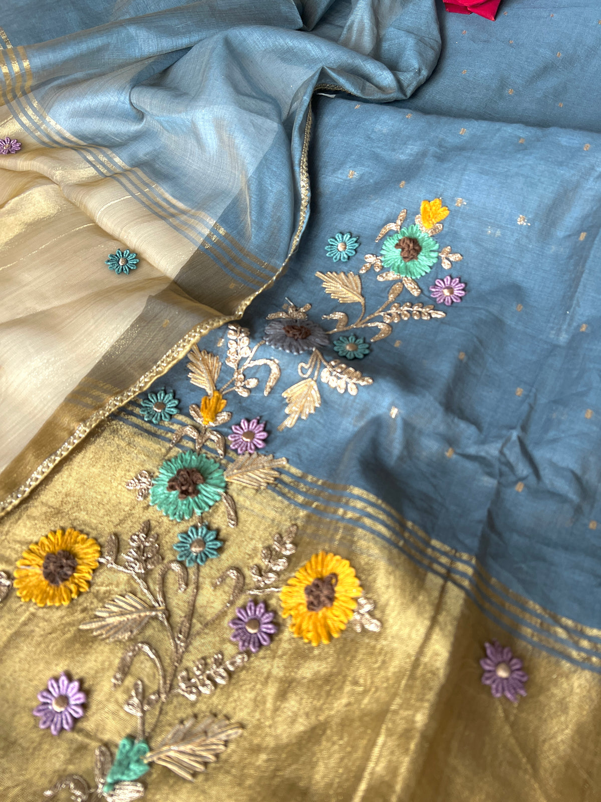 Blue Floral Embroidery tissue Jamdani Dress material