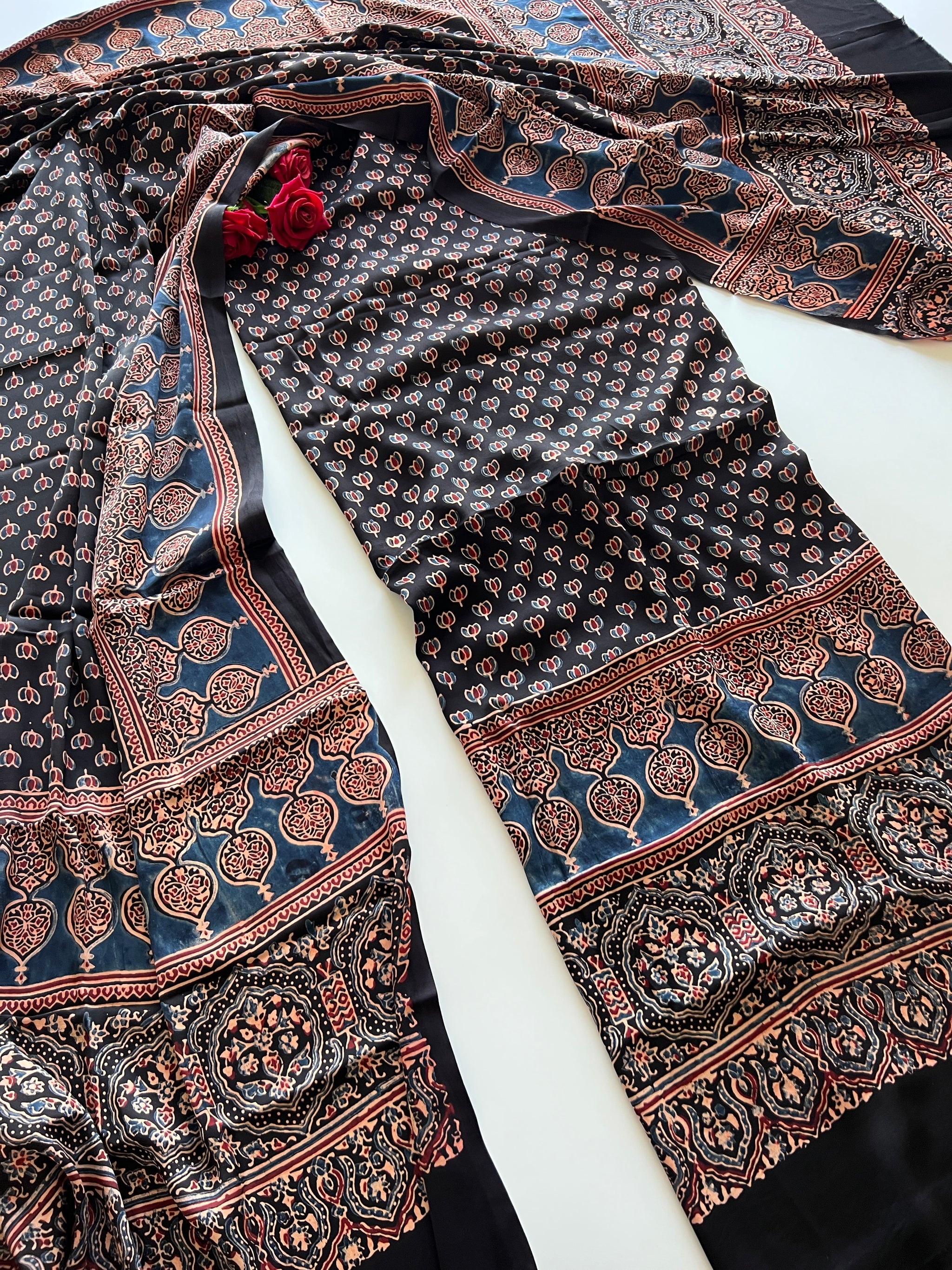 Black Original Handblock Ajrakh print 2 pc fabric Unstitched suit set