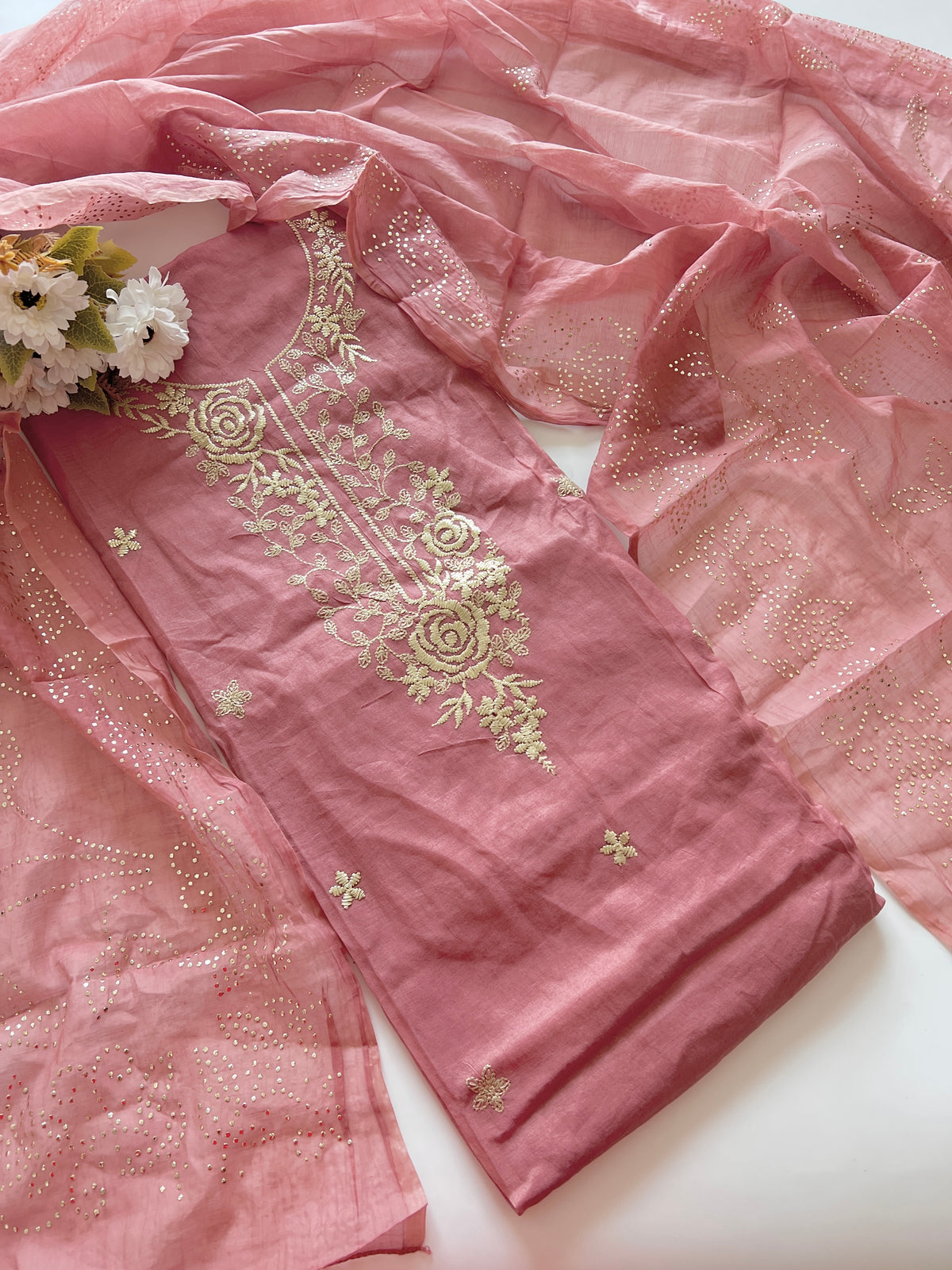 Pastel Pink Mul Chanderi dress material with pitta and mukaish work dupatta