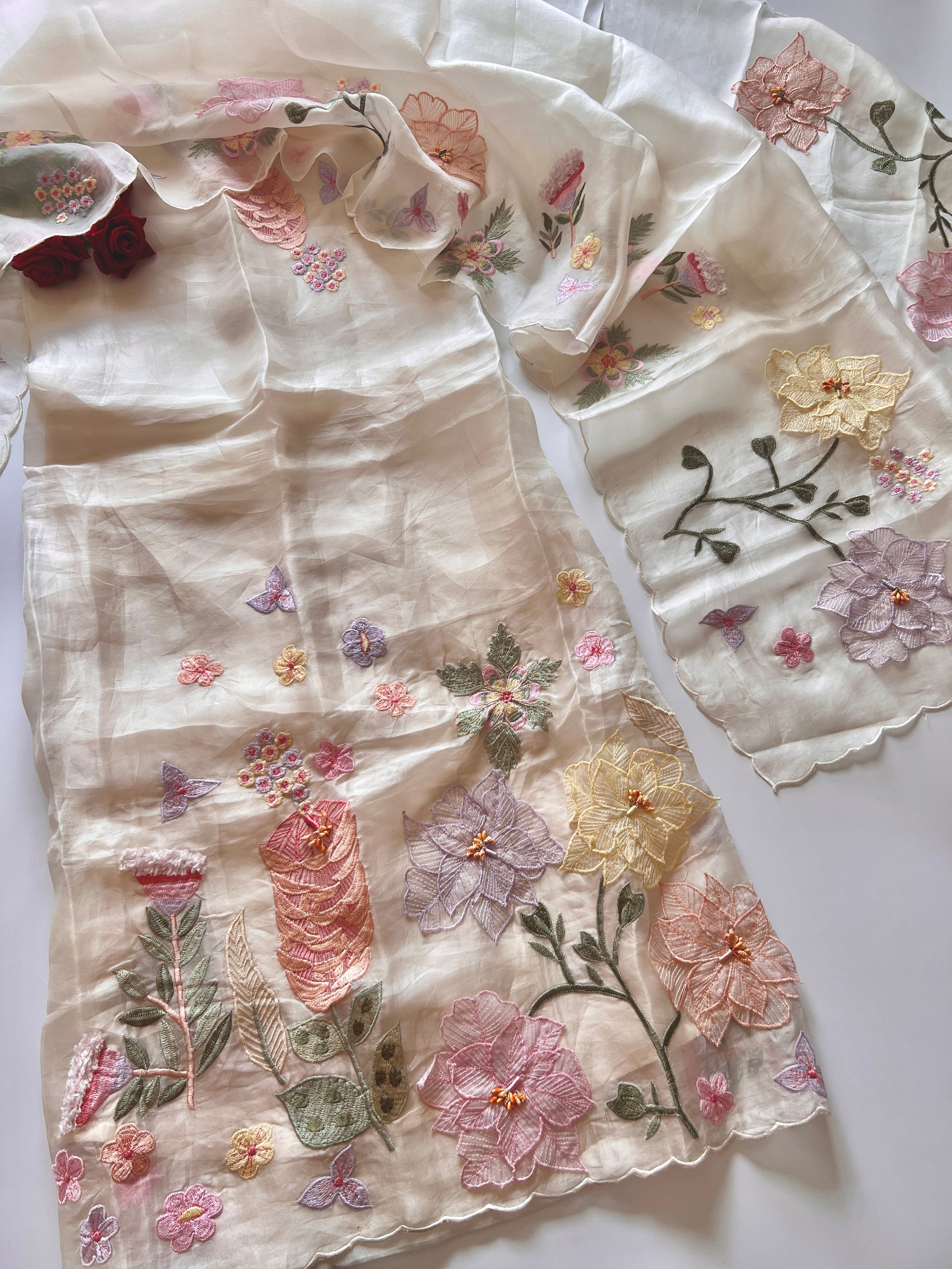 Off White 3D Embroidery on Organza premium unstitched dress material with floral work