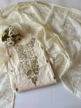 Off white Mul Chanderi dress material with pitta and mukaish work dupatta
