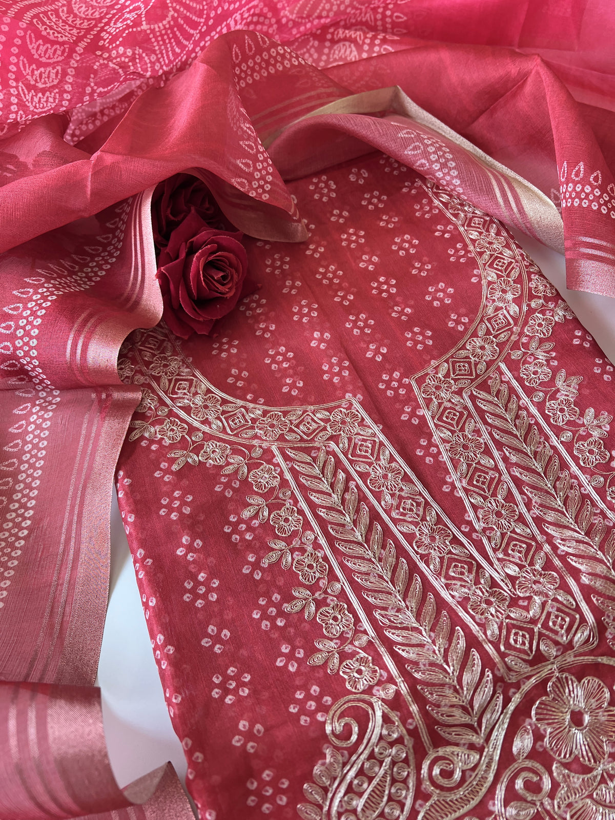 Red soft Organza crepe with Pitta work and bandej