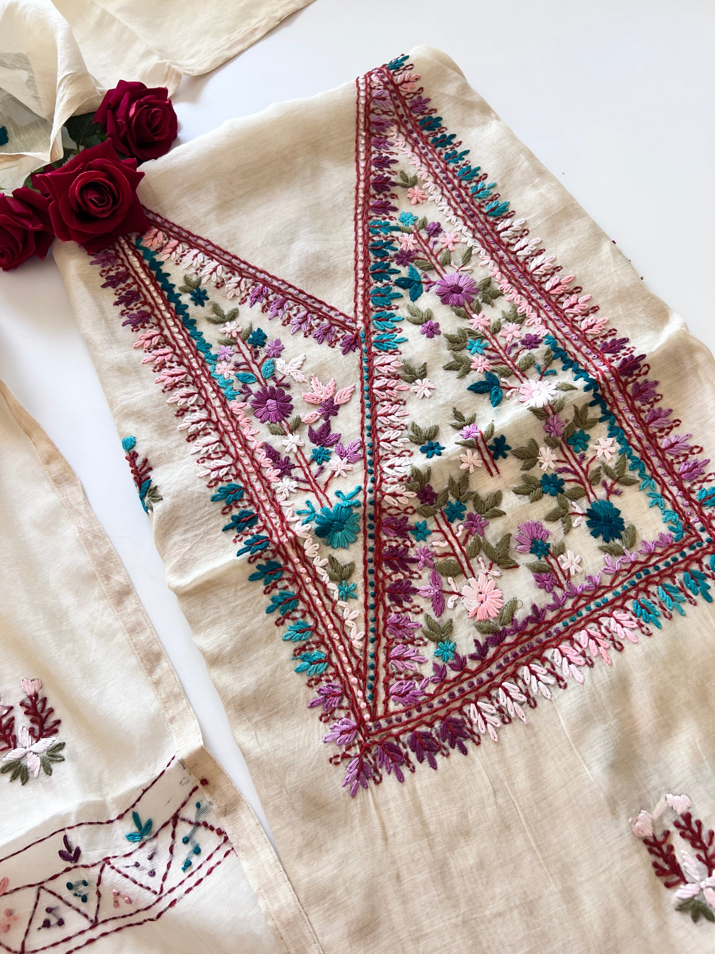 2 pc Cream Knot embroidery Unstitched suit material