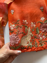 Orange Pure Silk Linen embroidered premium unstitched dress material