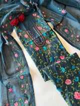 Blue Phulkari embroidery Unstitched suit material