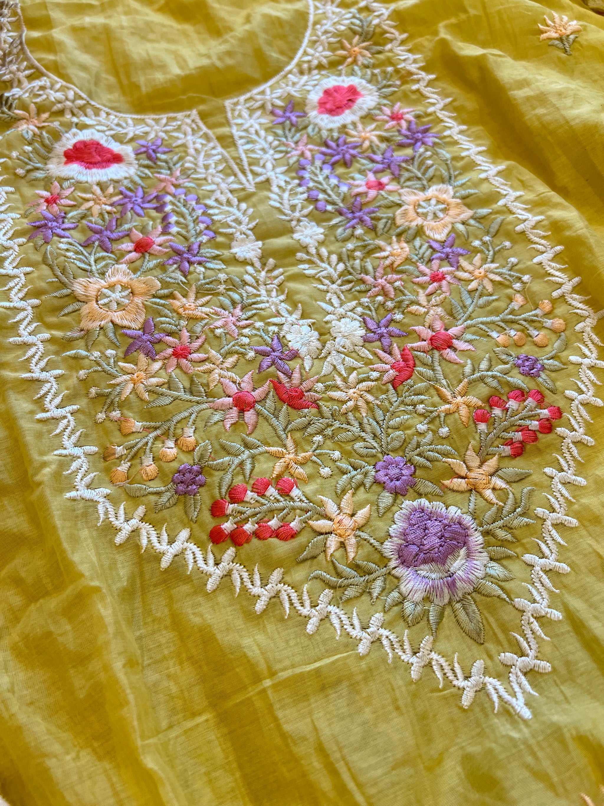 Yellow Mul Chanderi Thread embroidered Unstitched Suit