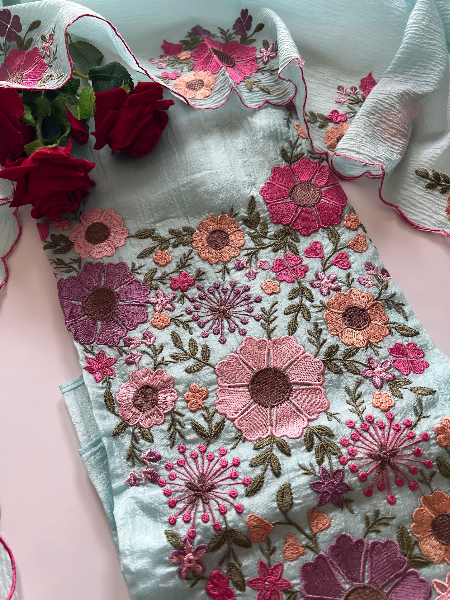 Blue Sunflower Embroidery Crush dress material unstitched