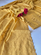 Yellow Pure Chanderi patchwork Embroidery scallop unstitched suit