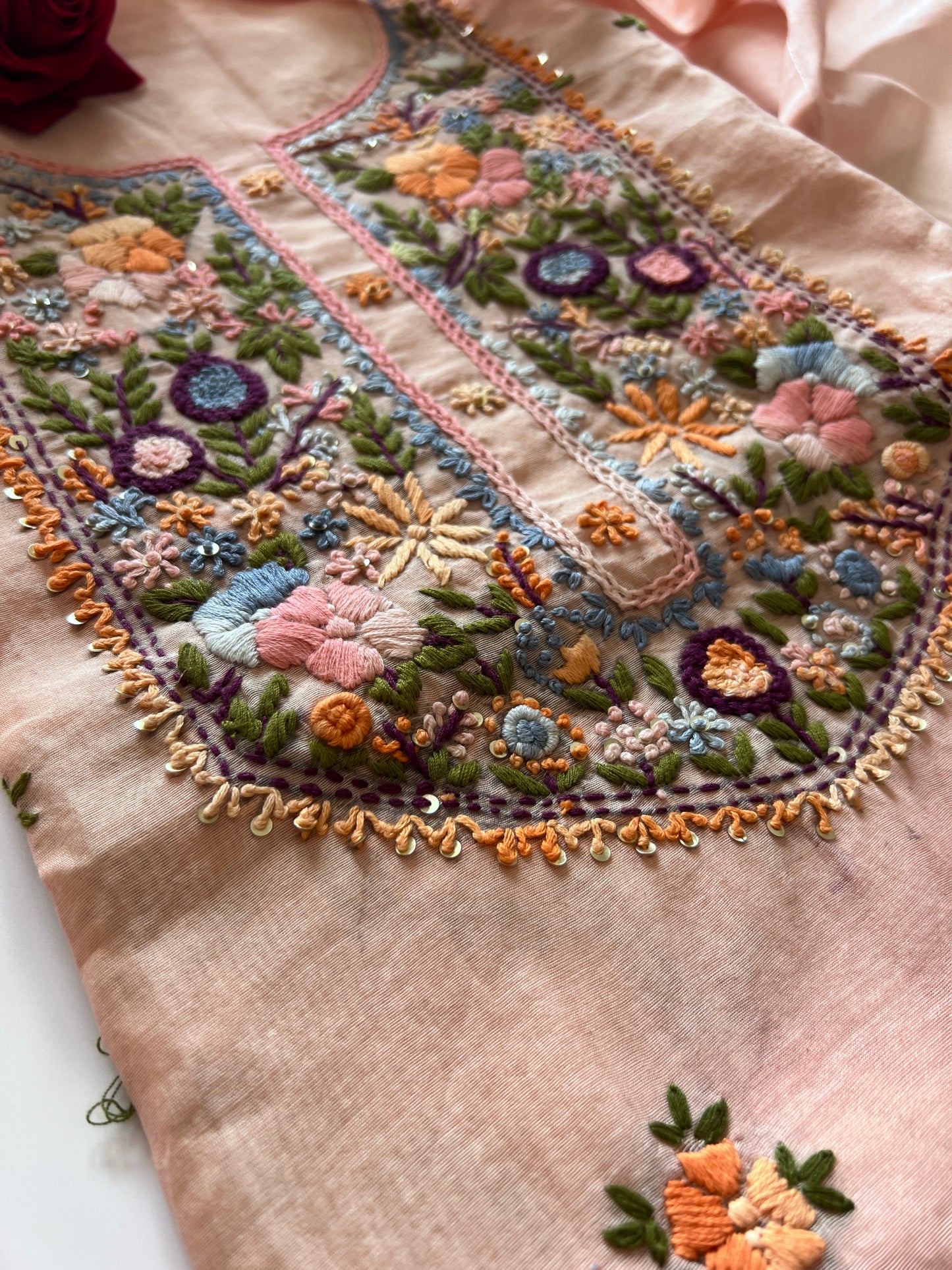 Peach Knot embroidery Unstitched suit material