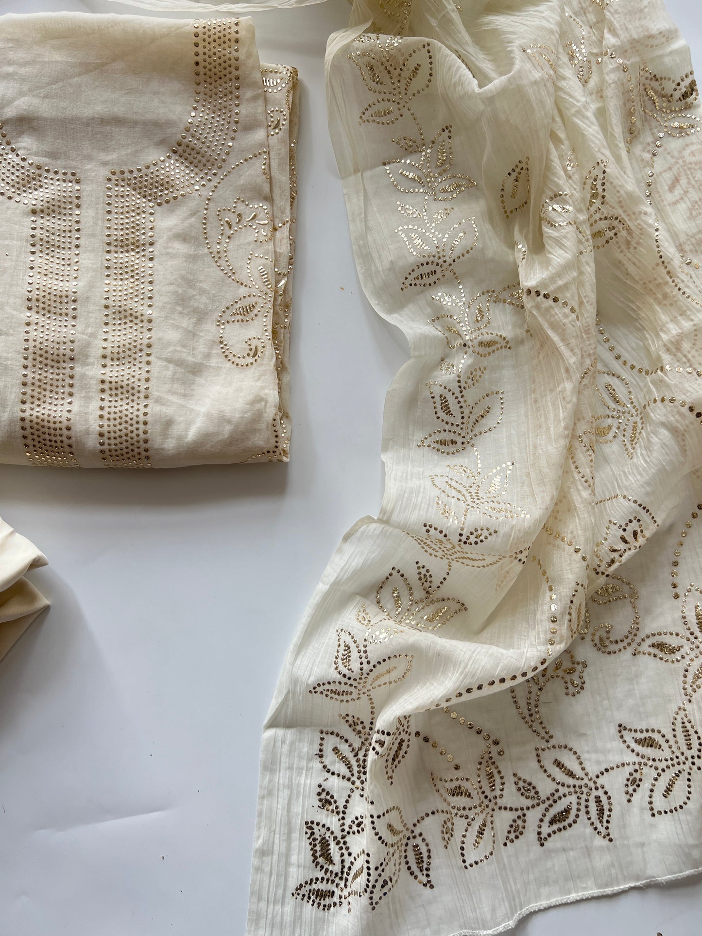 Cream Mul Chanderi dress material with mukaish