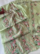 Pista green Phulkari embroidery Unstitched suit material
