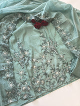 Aqua shade Mul Chanderi Thread embroidered Unstitched Suit