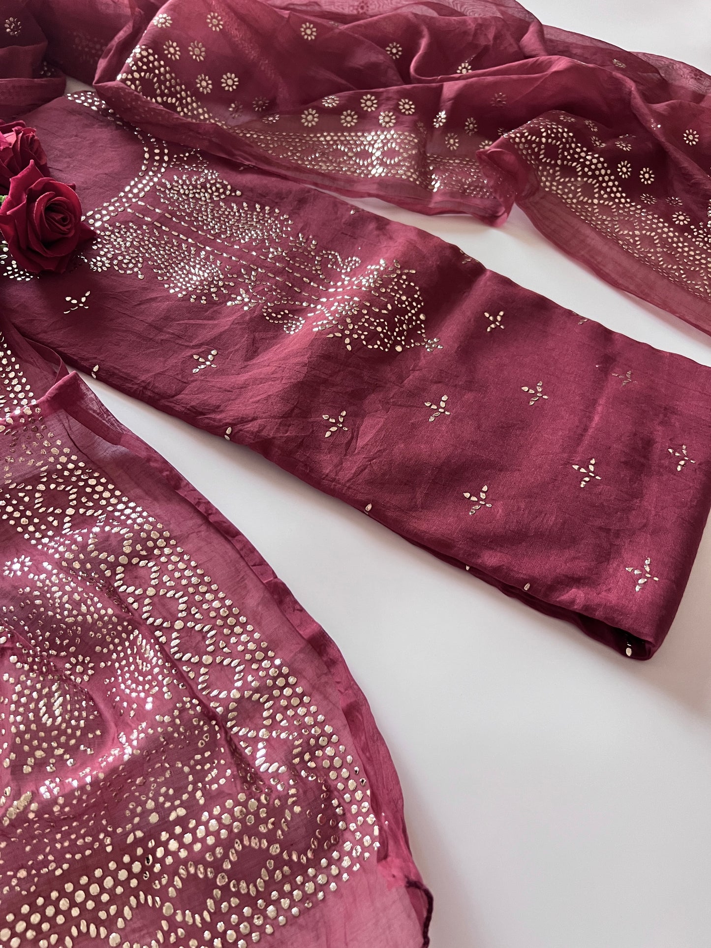 Maroon Mul Chanderi dress material with mukaish