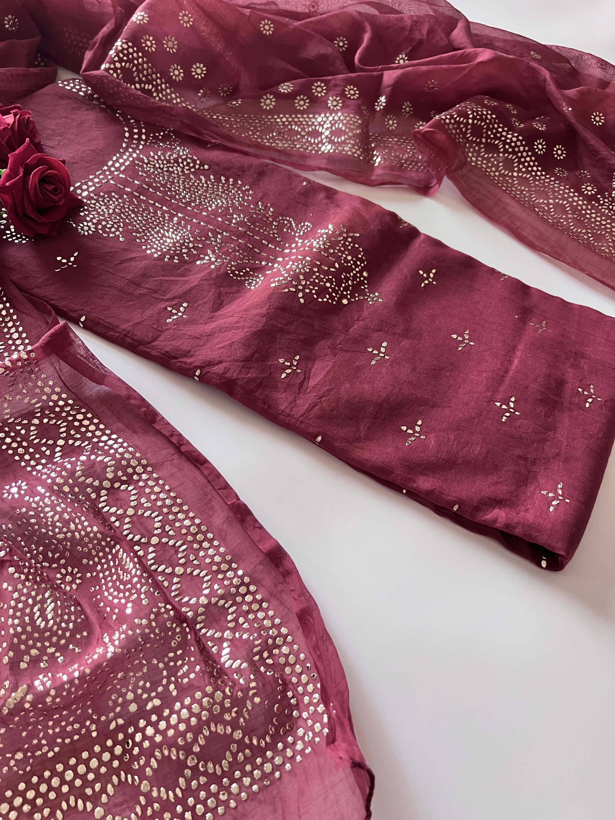 Maroon Mul Chanderi dress material with mukaish
