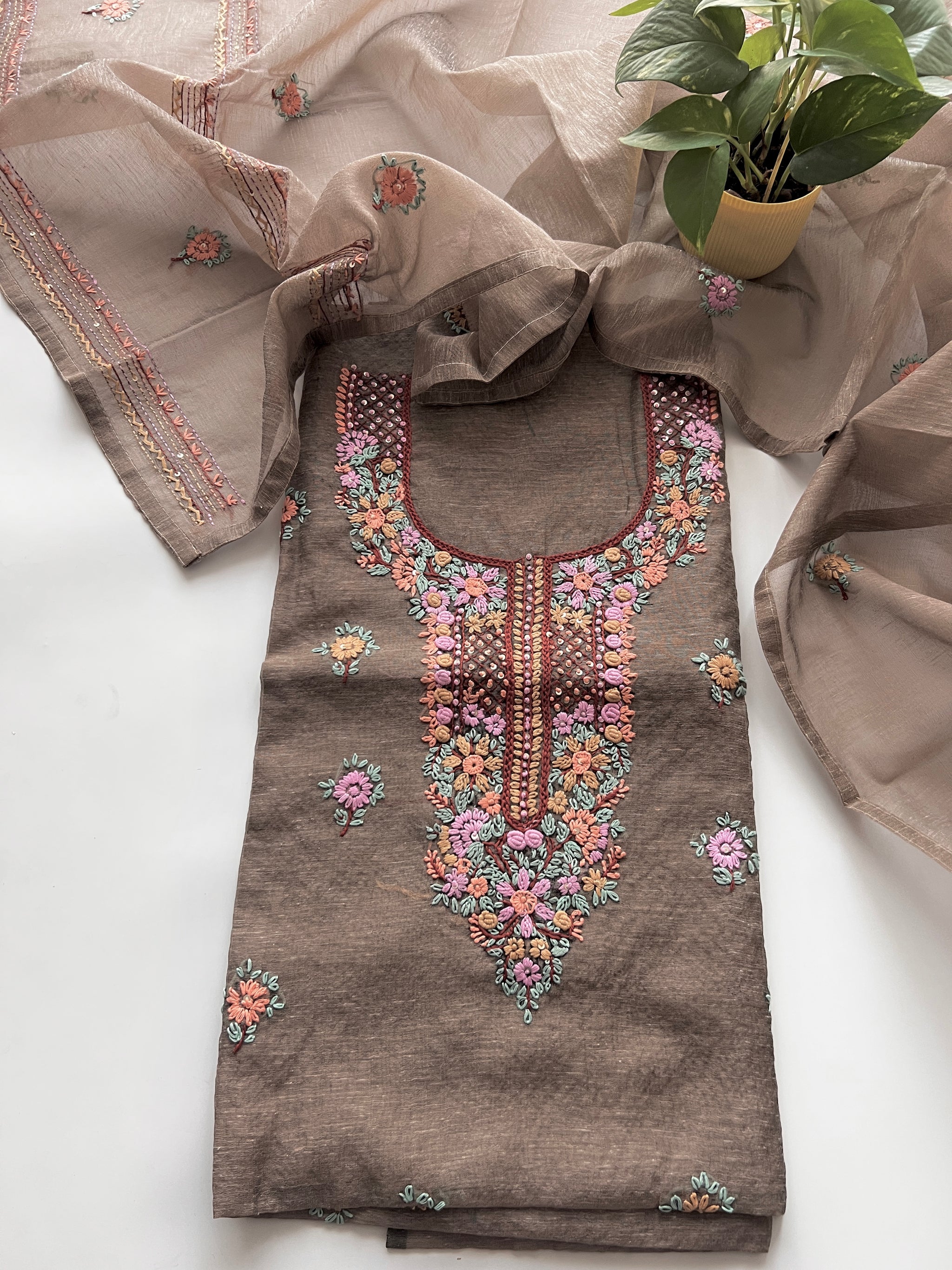 Chanderi knot embroidery Unstitched suit material