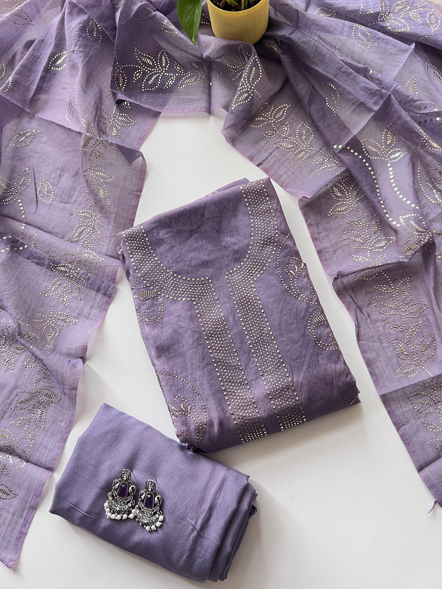 Purple Mul Chanderi dress material with mukaish