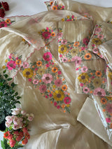 Ivory gold Sunflower Embroidery Crush Organza tissue Dress material