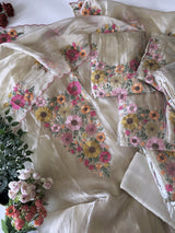 Greyish Champange gold Sunflower Embroidery Crush Organza tissue Dress material