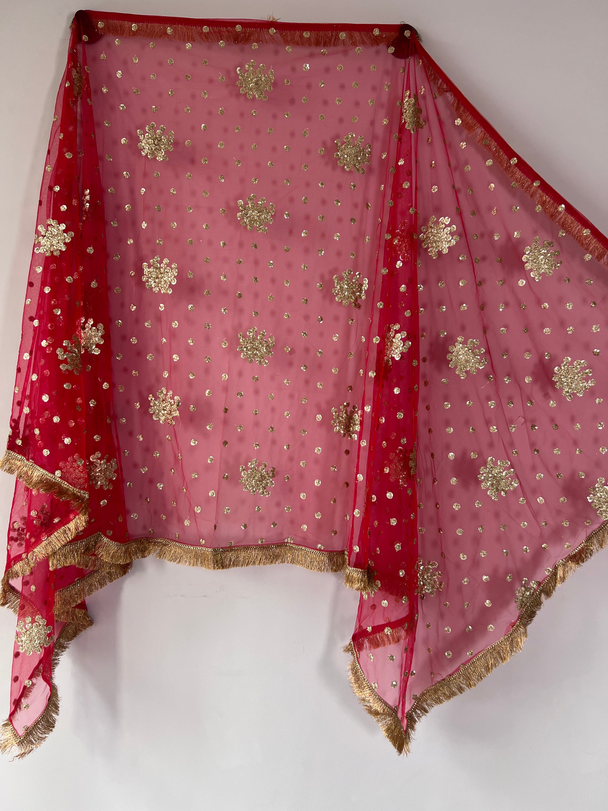 Red Bridal Net dupatta with fringe border