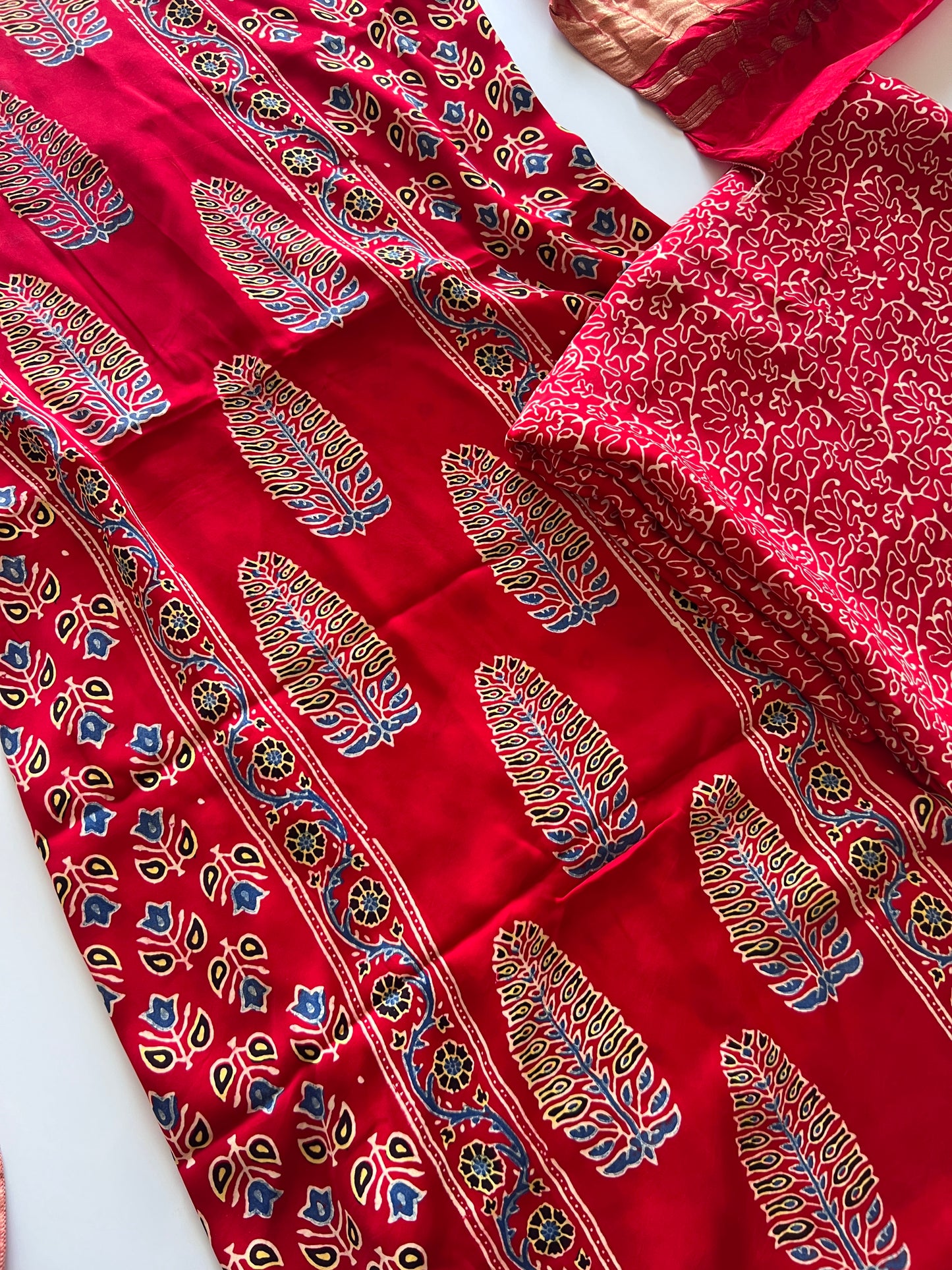 Red Ajrakh Handblock print 3 pc fabric Unstitched suit set