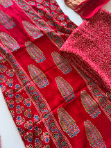Red Ajrakh Handblock print 3 pc fabric Unstitched suit set