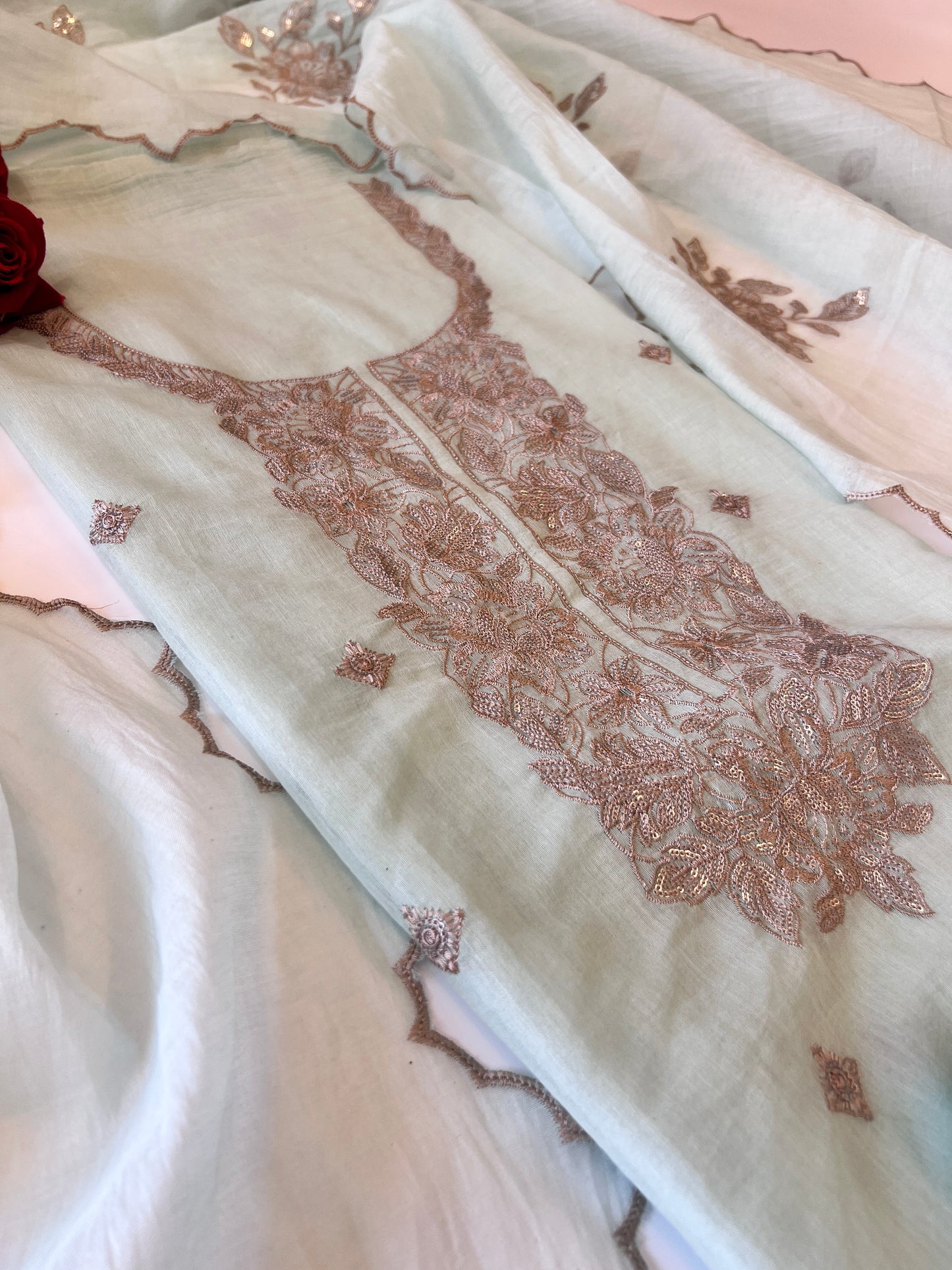 Pastel Blue Mul Chanderi Sequin embroidered Unstitched Suit