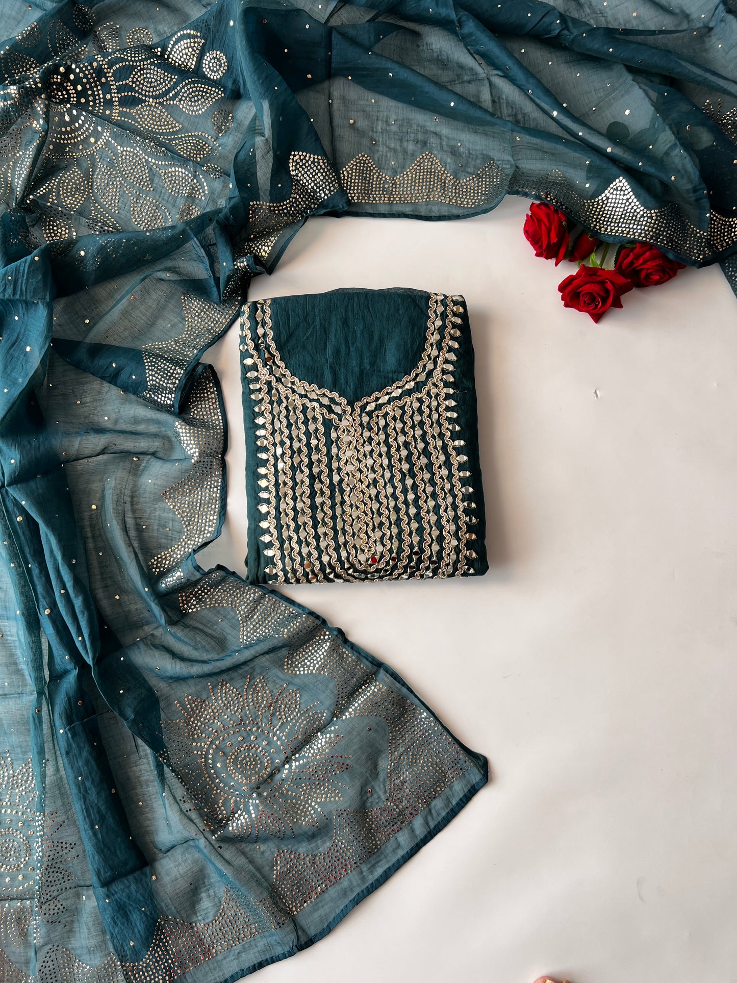 Mirror work on Mul Chanderi dress material with mukaish work dupatta