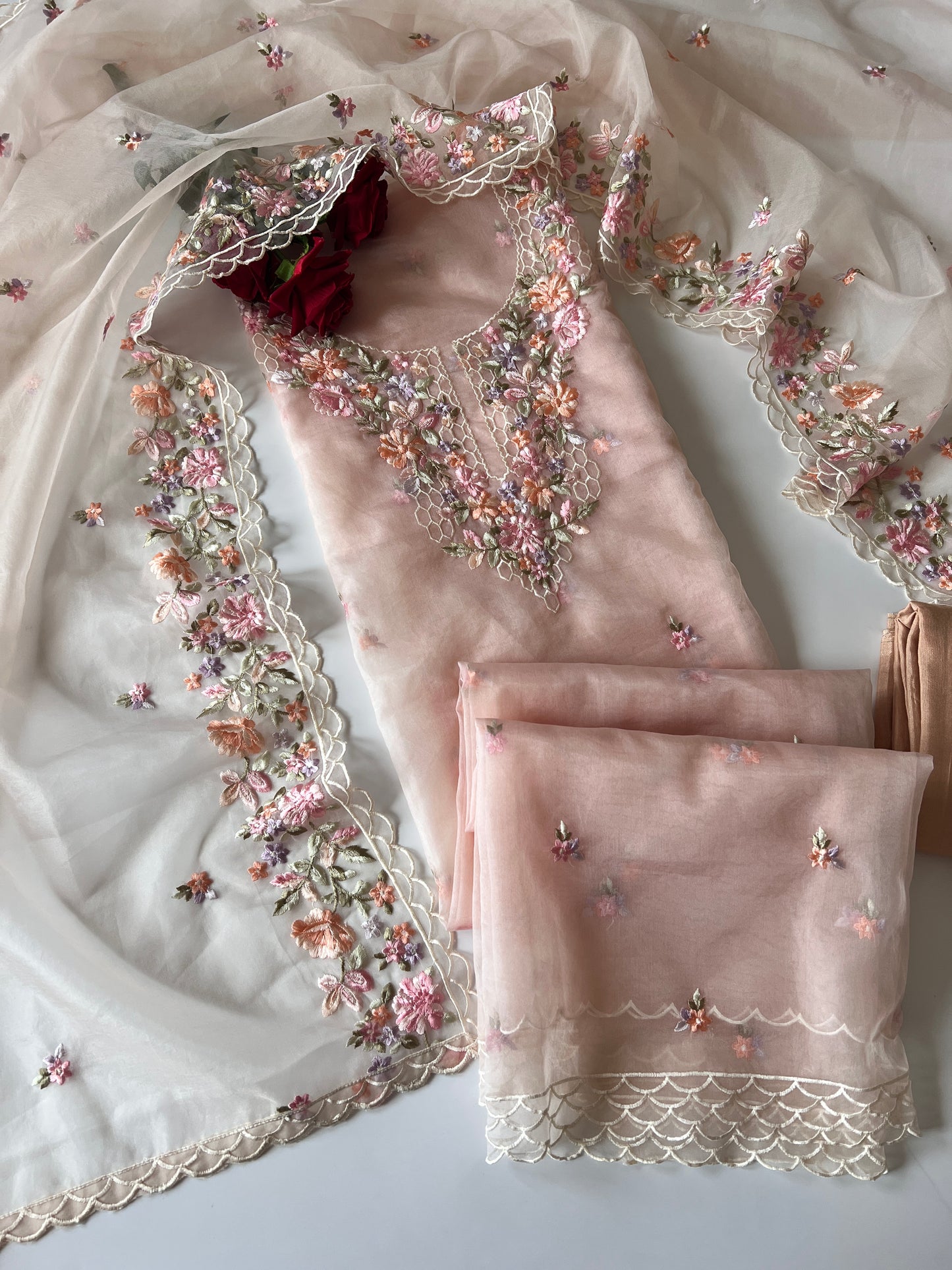 Peach thread Embroidery unstitched suit