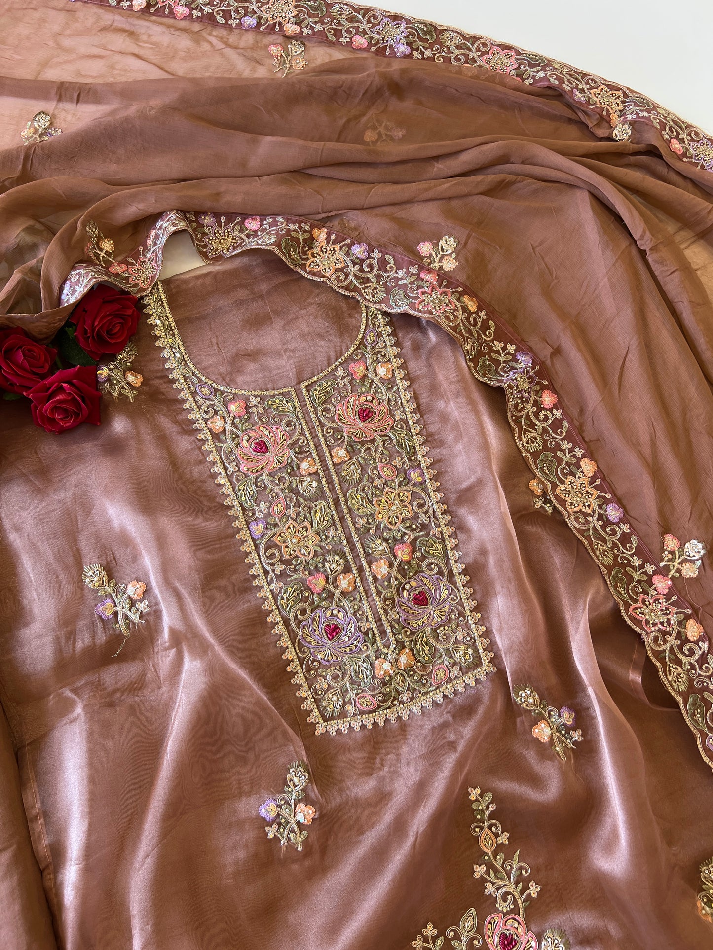Brown Tissue partywear embroidered suit set unstitched