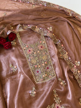 Brown Tissue partywear embroidered suit set unstitched