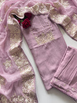 Lilac Mul Chanderi Handwork with Parsi dupatta Unstitched Suit set