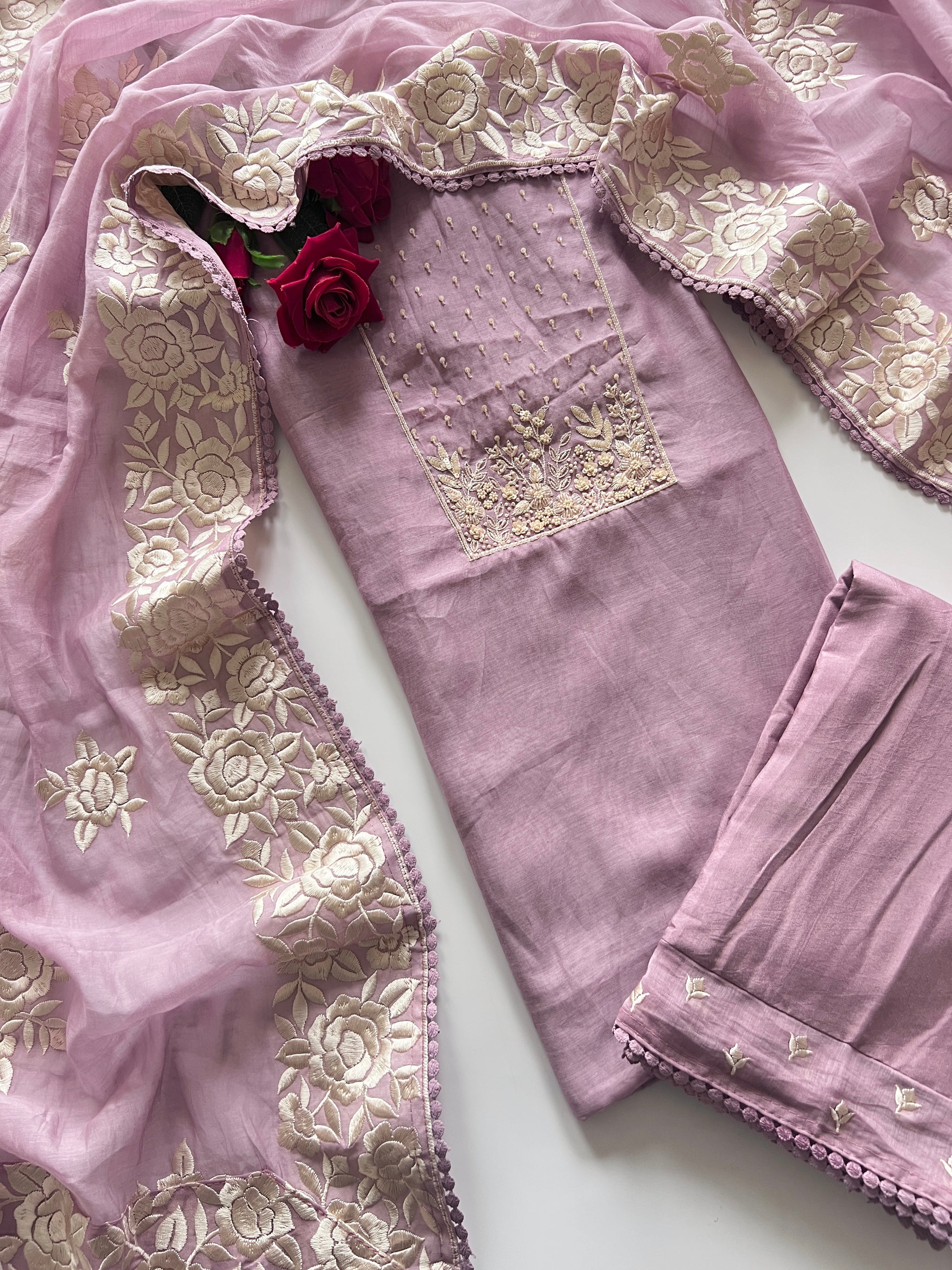 Lilac Mul Chanderi Handwork with Parsi dupatta Unstitched Suit set