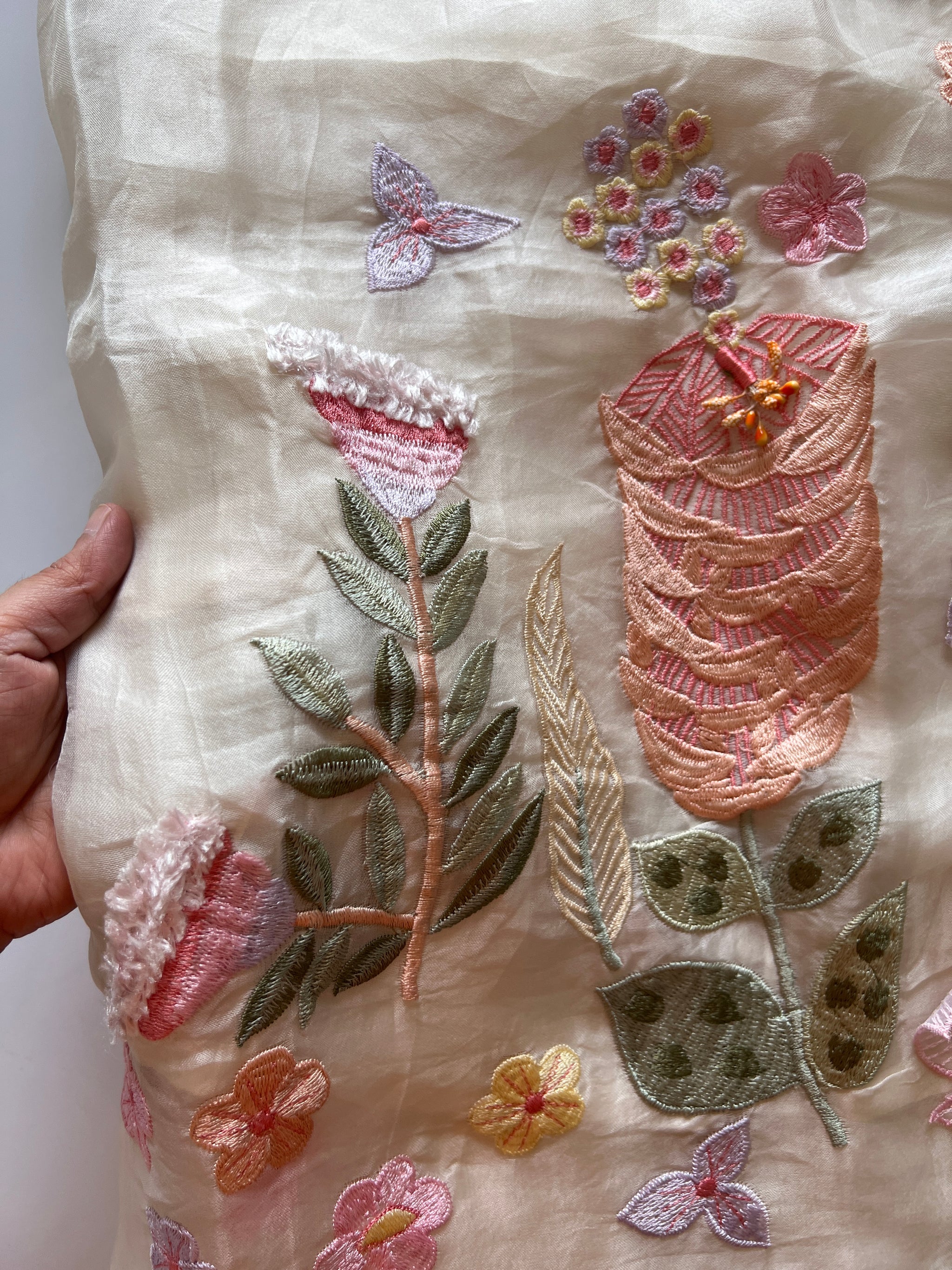 Off White 3D Embroidery on Organza premium unstitched dress material with floral work
