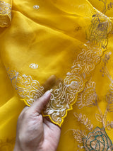 Pure Silk Organza Full embroidered premium unstitched suit in yellow