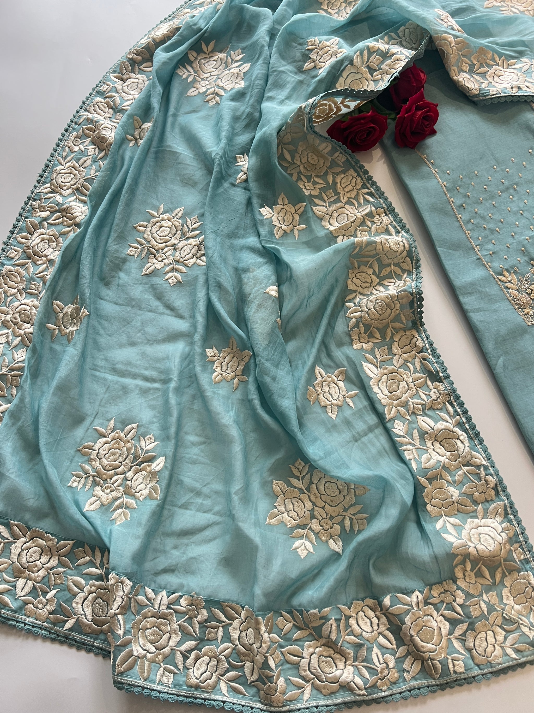 Blue Mul Chanderi Handwork with Parsi dupatta Unstitched Suit set